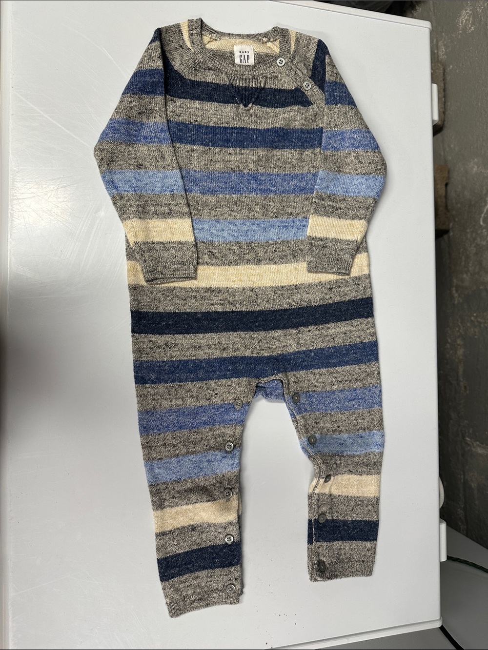 GAP Striped Knit One-Piece Footie in Blue, Navy, Gray & Cream